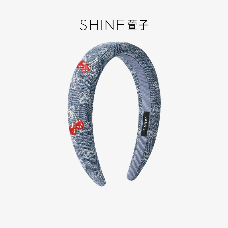 萱子萱子时尚樱桃发箍气质牛仔蓝色酷甜百搭修饰脸型高颅顶