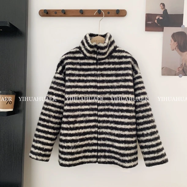 BHH-2076【斑马条纹】东大门韩版撞色条纹毛绒连帽长袖宽松百搭外套