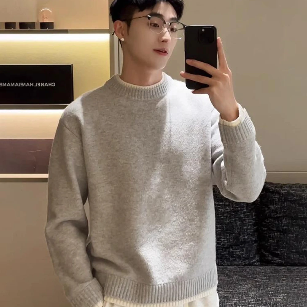 美利奴绵羊毛混纺假两件圆领百搭宽松毛衣男士羊毛衫内搭针织衫男