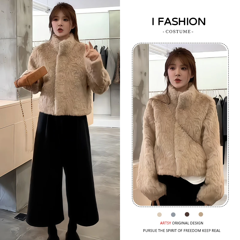 小个子简约时尚套装女2025年冬季加厚立领单排扣外套八分裤两件套