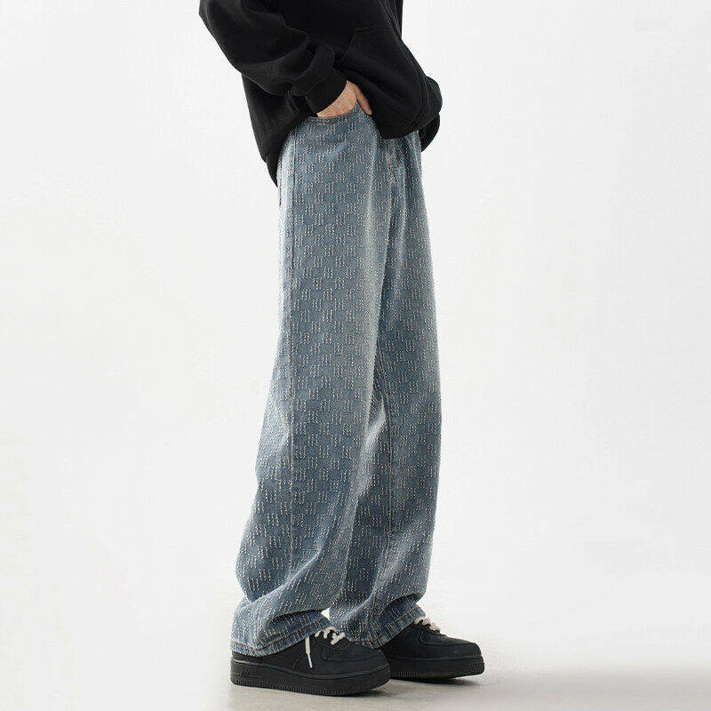 美式复古春季男士新款潮流宽松百搭水洗提花高街直筒休闲牛仔长裤