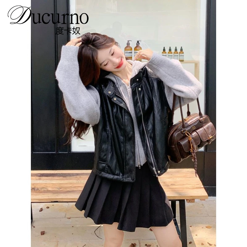 2025年秋季新款韩版时尚百搭宽松显瘦立领无袖皮衣马甲外套女上衣