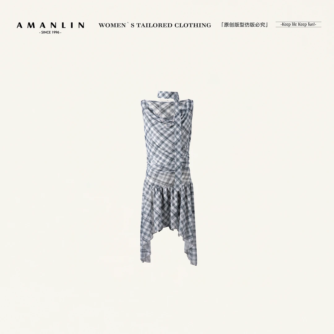 AMANLIN/阿谩琳欧若风绑带格子短款背心连衣裙小众三件套D599007