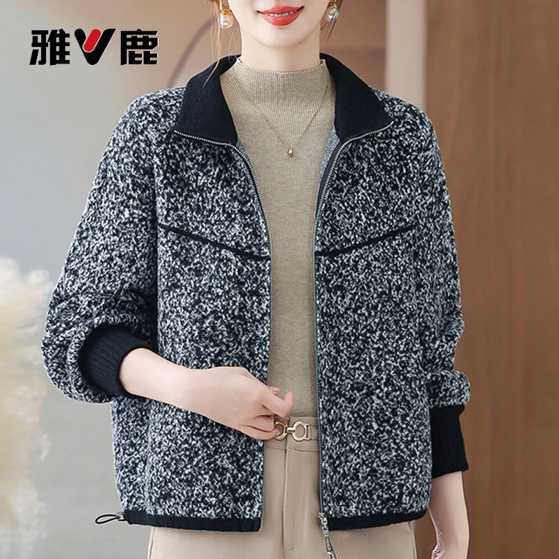 雅鹿秋冬新款中老年妈妈宽松毛呢外套女休闲大码拉链双面羊绒针织