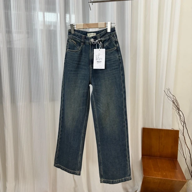 007# 25早春 100%棉 高克重复古蓝石洗窄版直筒拖地裤牛仔裤女
