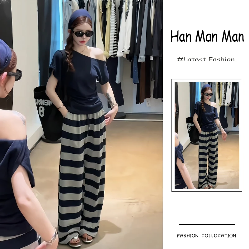 夏季流行穿搭一整套新款2025韩系慵懒风拉肩上衣条纹休闲裤两件套