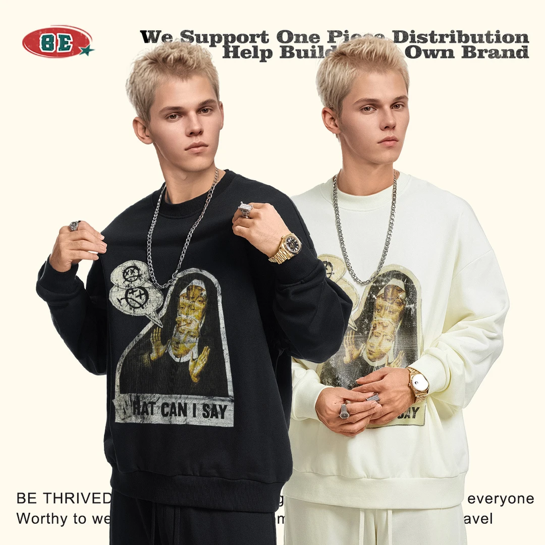 BE男装|2025秋季美式潮牌中古长袖印花宽松休闲圆领套头卫衣男士