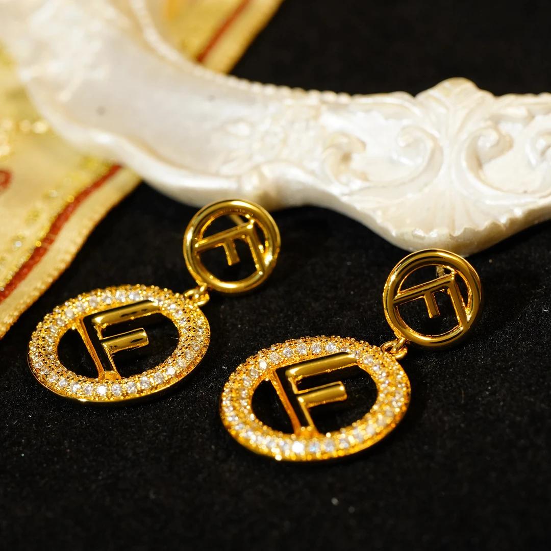 铜合金耳饰 【3098】LeLe 耳钉 双F 满钻流苏设计气质精致