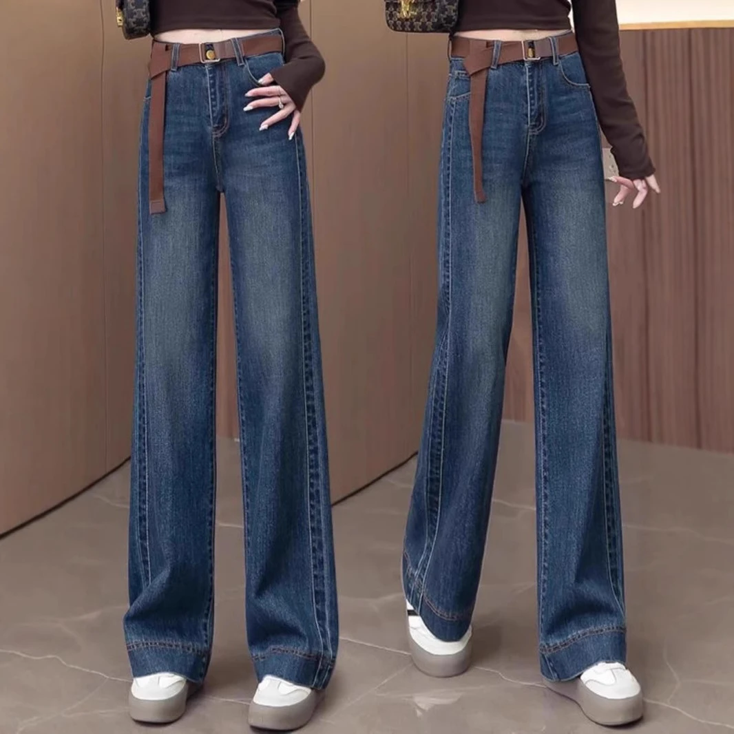 拉夏贝尔牛仔阔腿裤女高腰港风裤子2025年春秋新款显瘦牛仔阔腿裤