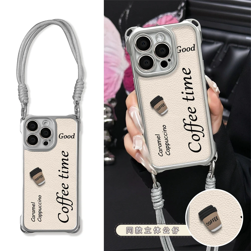 英文咖啡适用苹果iPhone16/1514PM防摔电镀挂绳四角手机壳立体
