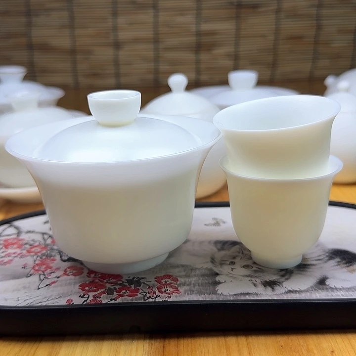 素烧高冰种二才马蹄盖碗一套