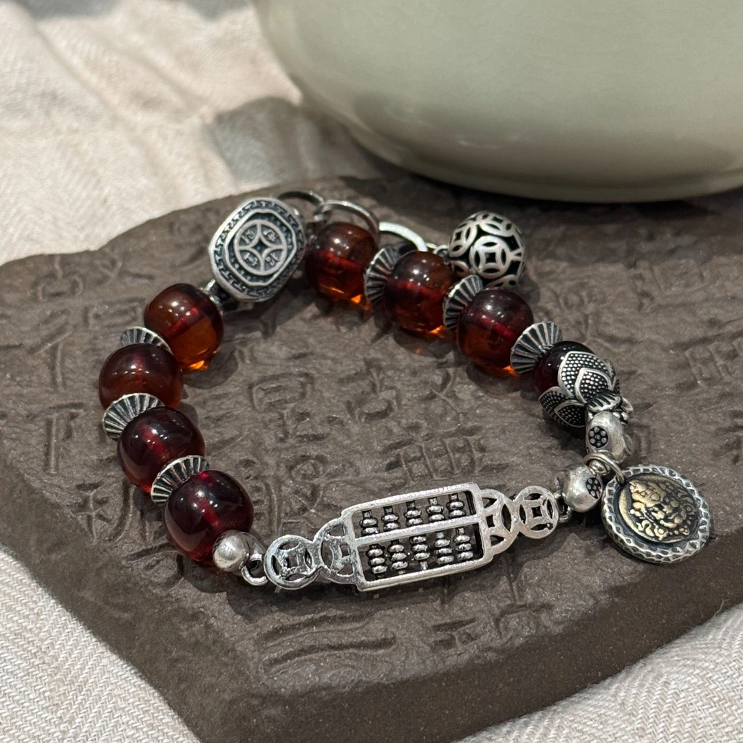 <一禅兄>S925银血珀圆珠黄财财吊坠手链可DIY项链算盘铜钱手串