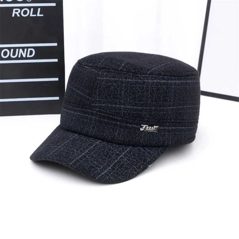 冬季新品男士帽子中老年加绒加厚平顶帽毛呢防风护耳保暖爸爸棉帽