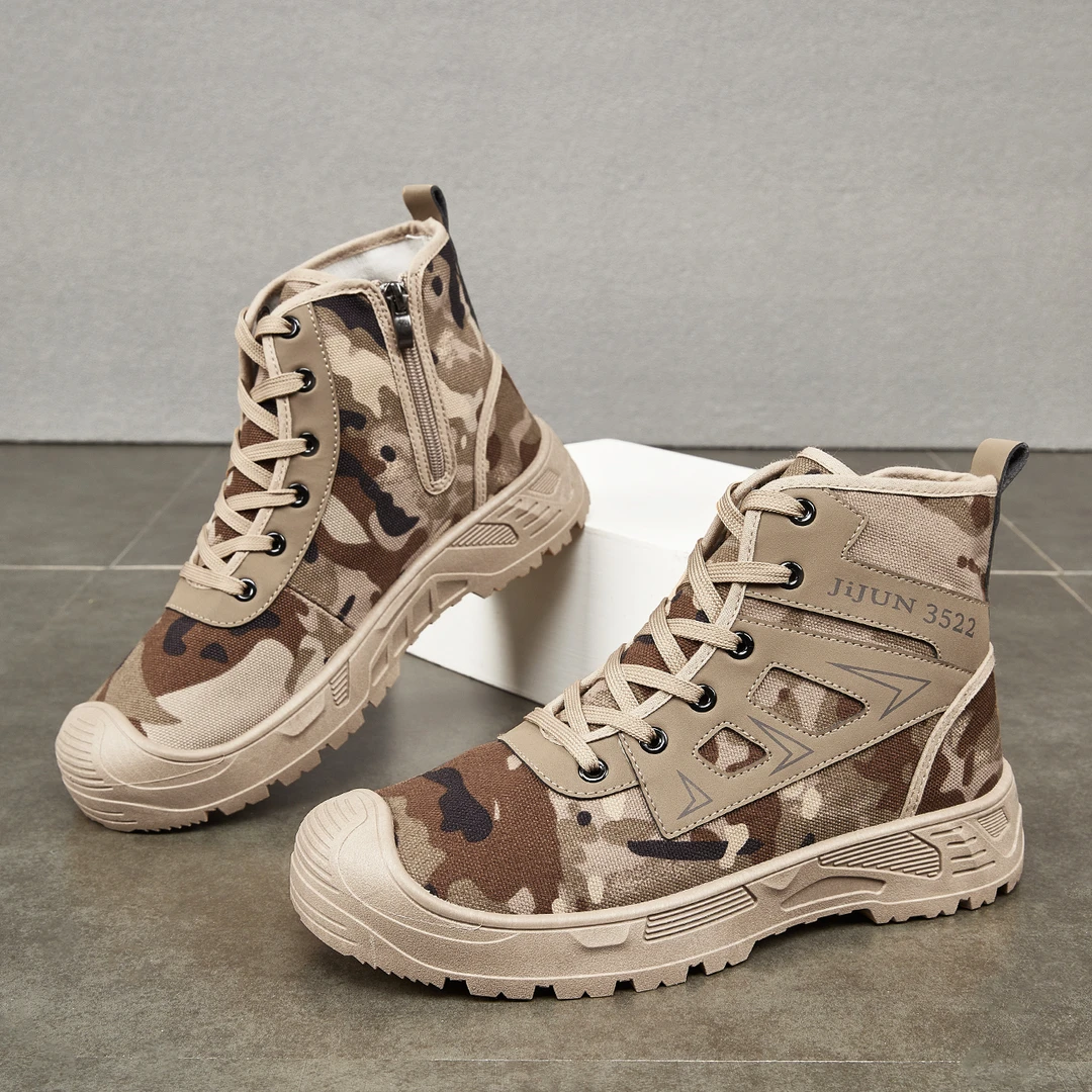劳保鞋男冬季新款加绒保暖迷彩高帮侧拉链防水防滑耐磨户外休闲鞋