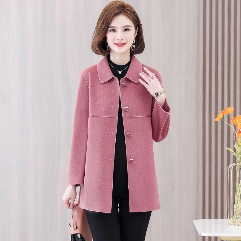 双面绒毛大衣女中长款妈妈毛呢外套宽松中年女士秋冬款毛呢子上衣