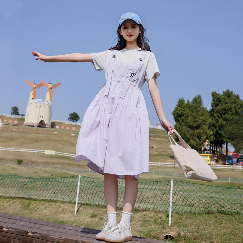 2025年新款假两件紫色学院显瘦裙子