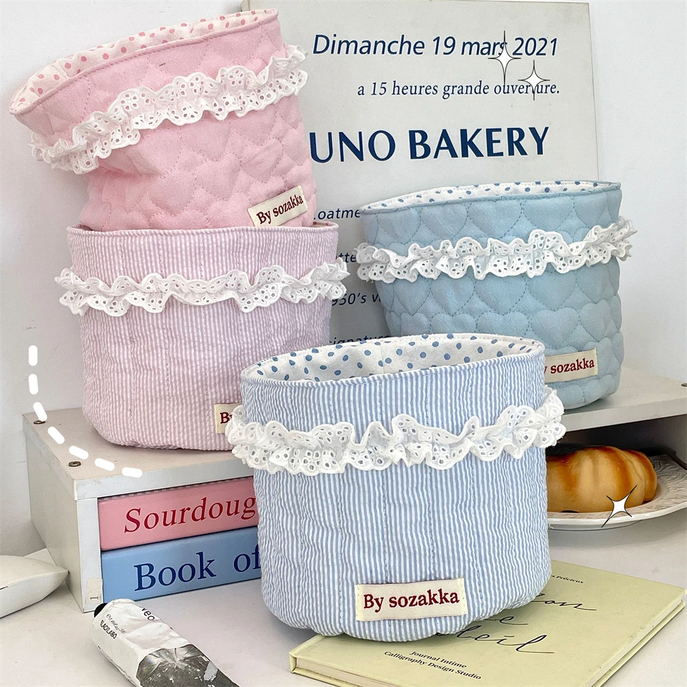 5181韩系绗缝少女布艺收纳篮桌面收纳整理筐圆筒杂物零食置物篮