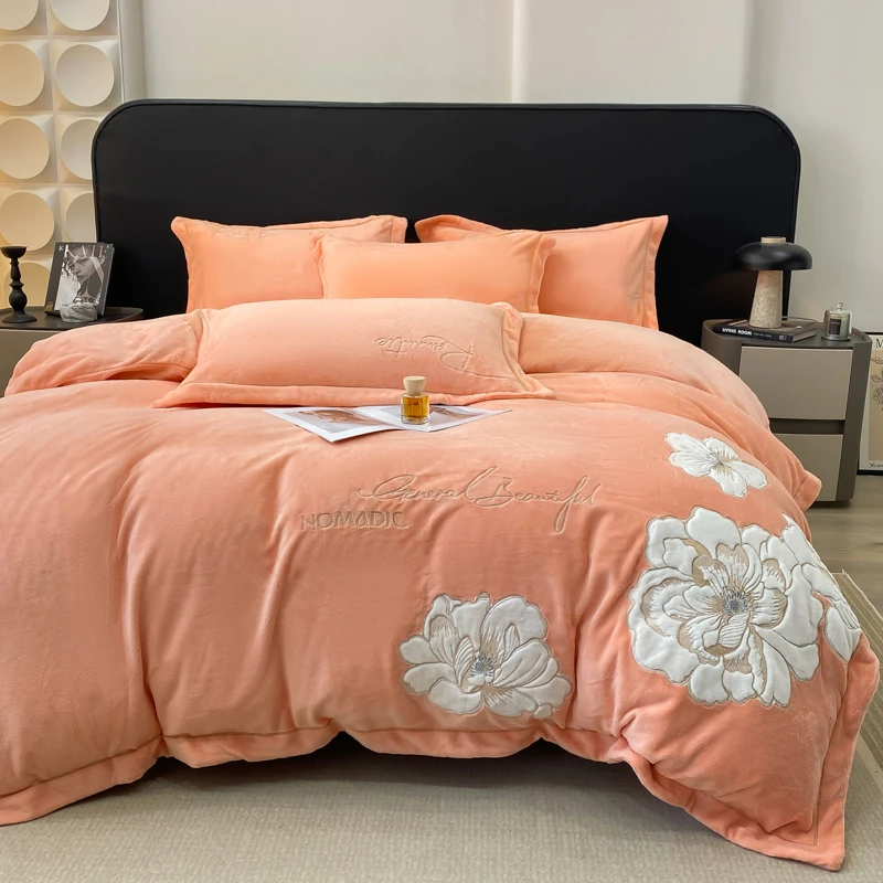 【花开富贵】重工刺绣加厚宝宝牛奶绒四件套冬季保暖套件床上用品