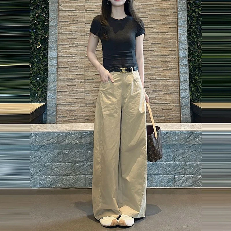 休闲通勤夏装搭配一整套女夏新款显瘦正肩上衣美式复古高腰阔腿裤