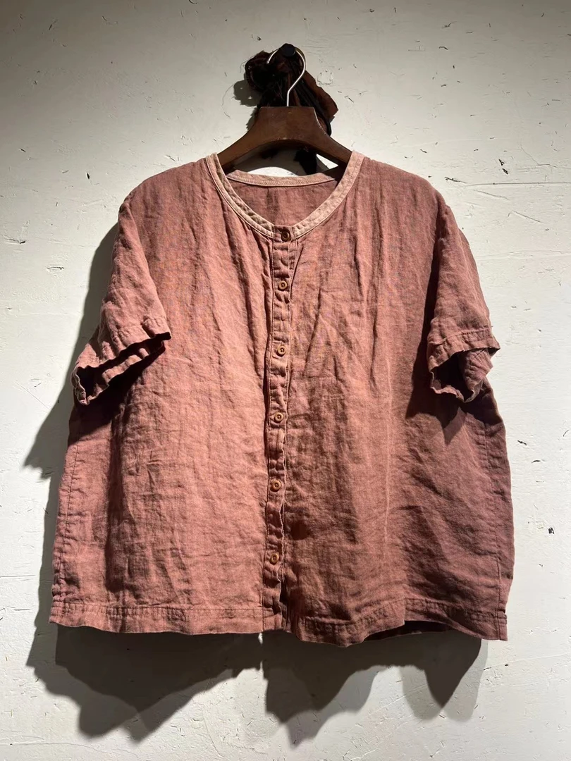 衣路走来原创设计薄款夏款麻圆领百搭短袖开衫上衣38722