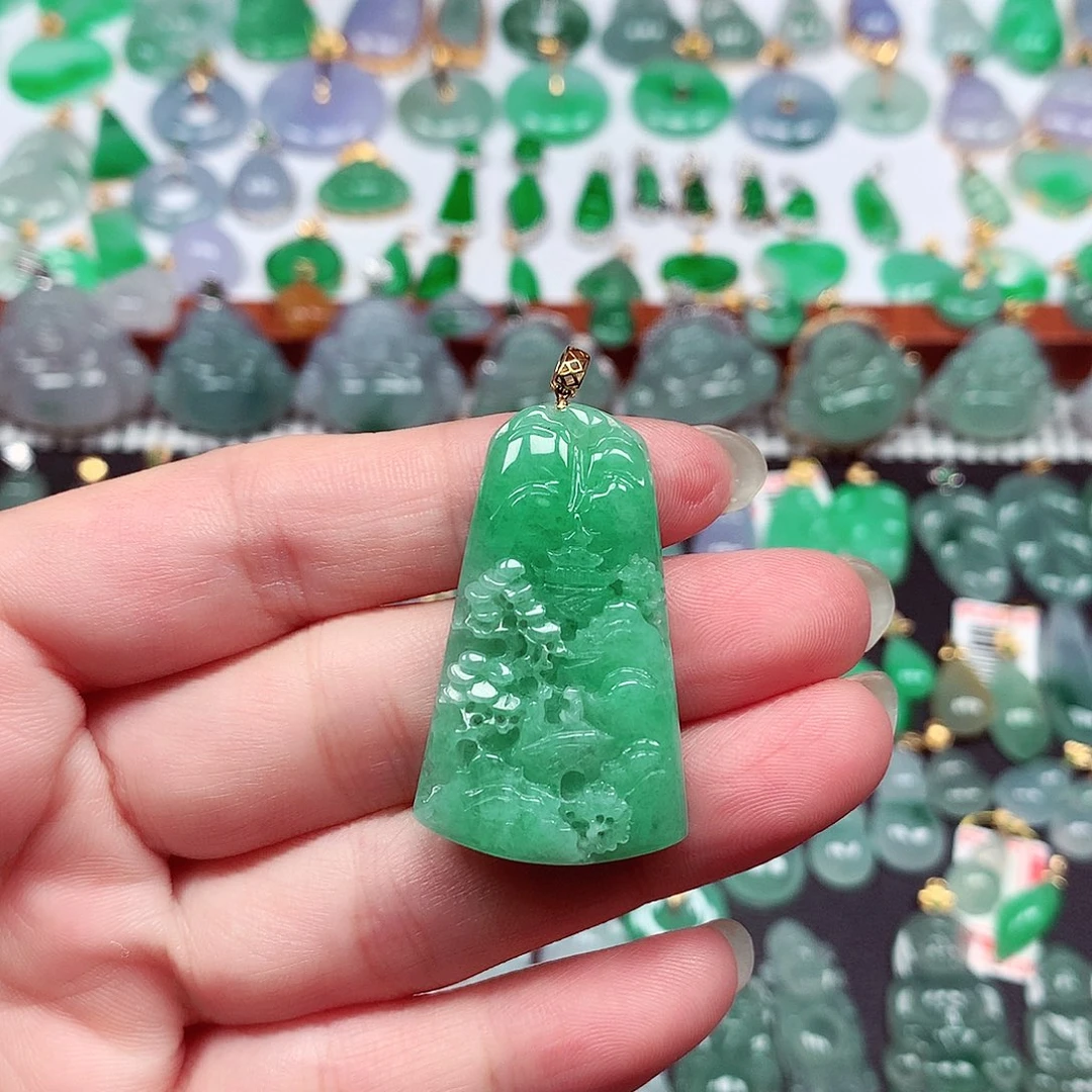 翡翠18K金镶嵌吊坠(不含链)天然翡翠A货