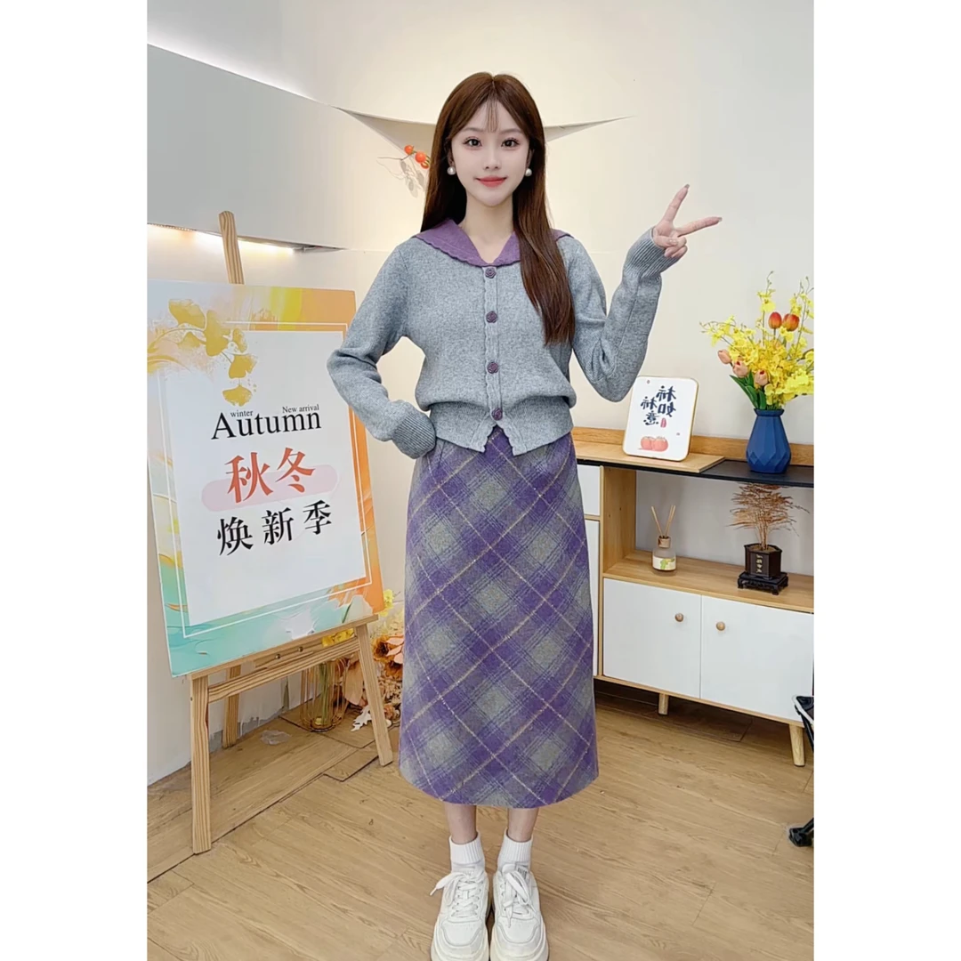 2025新款冬季毛织格子长裙日常穿搭气质时尚上下套裙一整套