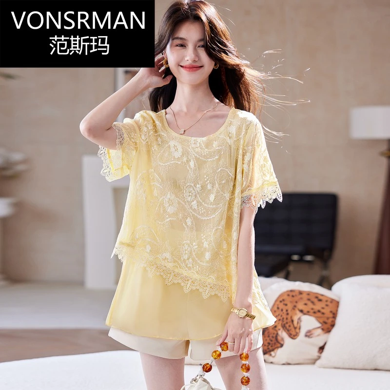 圆领蕾丝拼接短袖上衣夏季时尚宽松甜美设计感气质百搭雪纺衬衣女