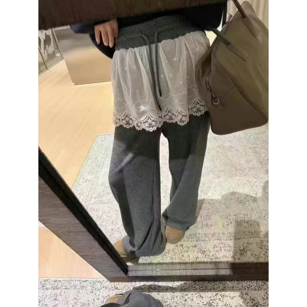 欧洲站 2024冬款 拼接蕾丝屁帘脚口抽绳加绒卫裤