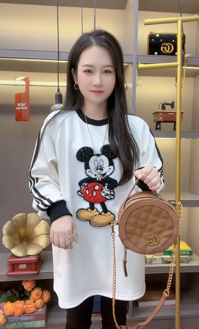 【条纹米奇】长袖卫衣重工潮牌加绒加厚打底白T恤上衣拼接宽松大版