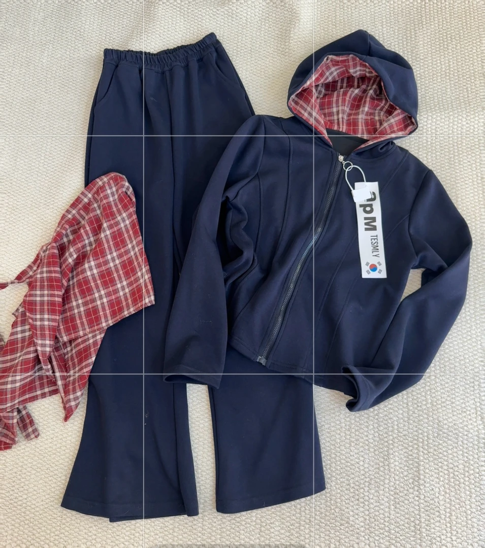 2026早春新款拼色连帽拉链长袖卫衣外套+格子屁帘长裤