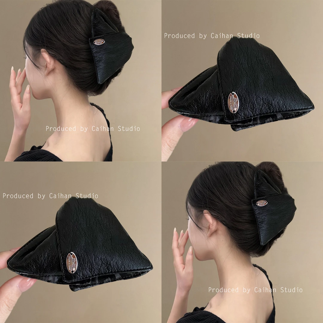 中古胶片~韩国仿荔枝纹小牛皮三角抓夹秋冬新款鲨鱼夹高级感发饰