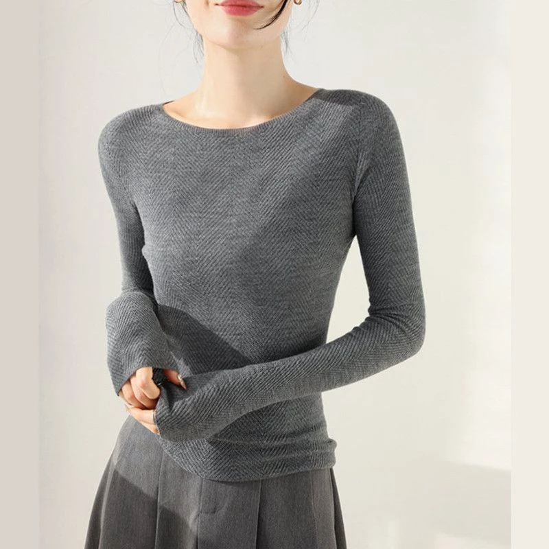 法式灰色高级感针织打底衫秋冬季2025新款修身毛衣别致长袖上衣