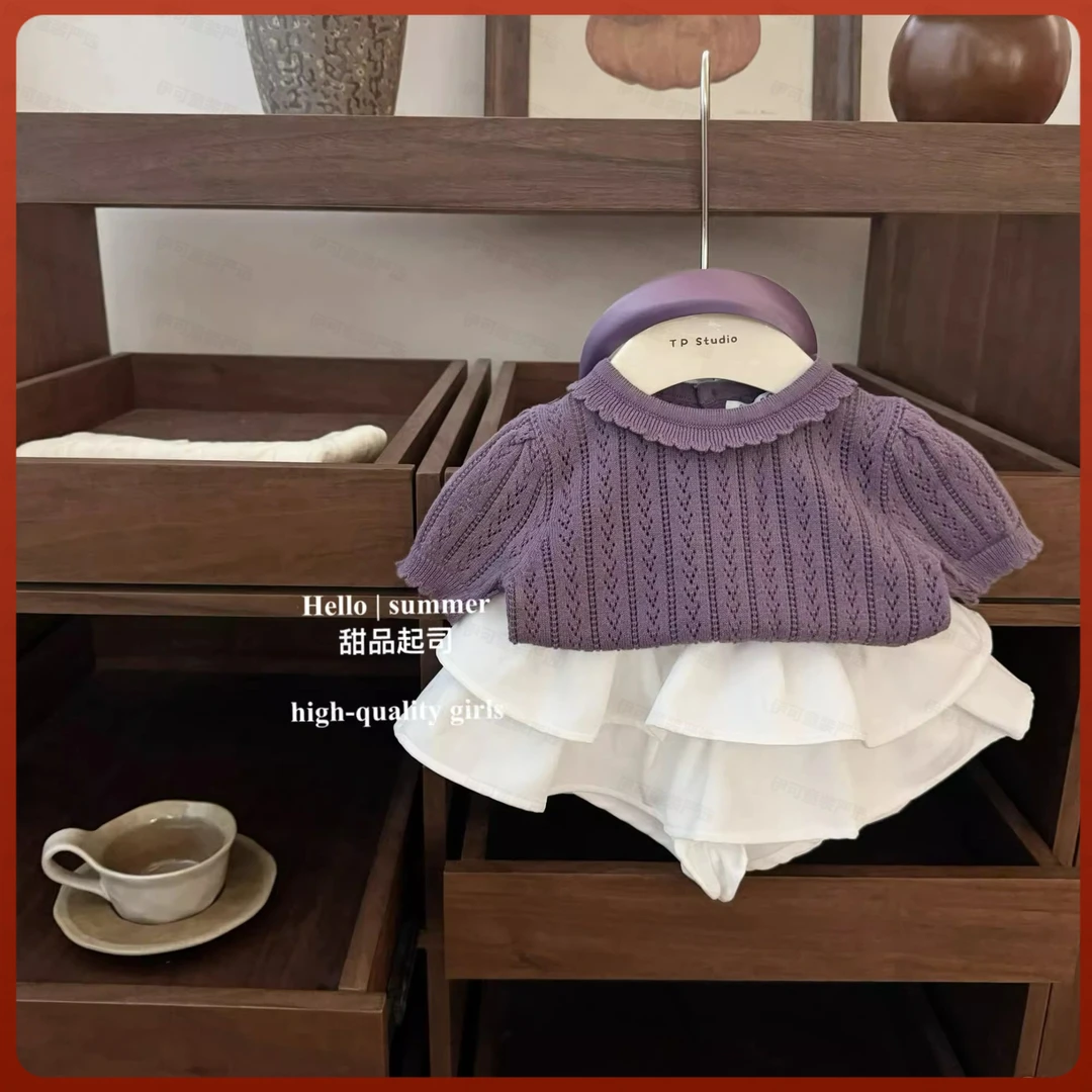 2025春夏童装女童紫色芭蕾女宝宝镂空花边针织上衣公主蛋糕裙套装