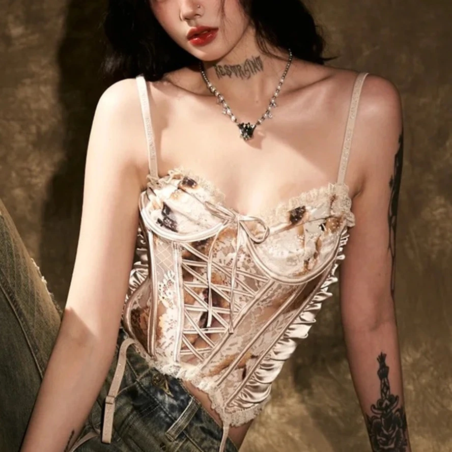 吊带性感风法式复古修身型辣妹欧美小众美背背心挂脖修身外穿