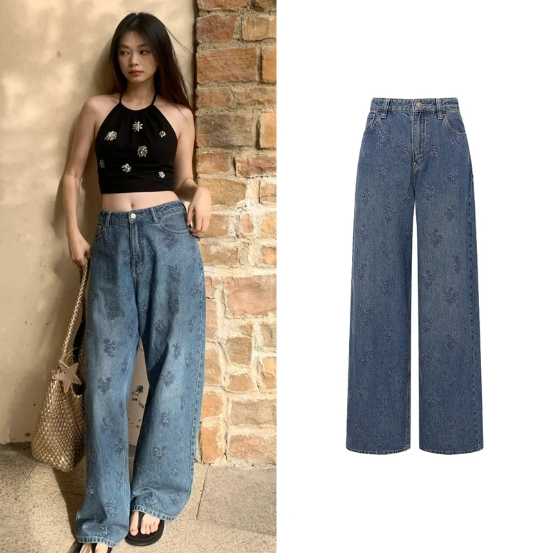COCO FEFH 【牛仔裤】2025夏季新款中式丹宁绣花宽松阔腿裤女V6325