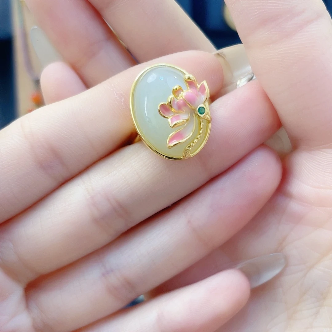 和田玉银S925镀金镶嵌戒指