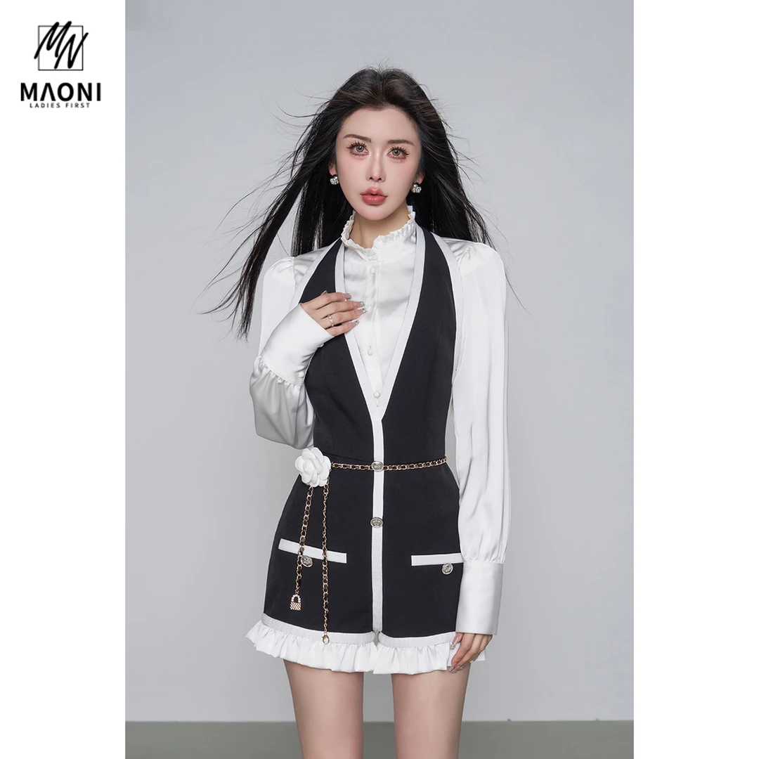 毛妮Peshe【法式小香两件套】衬衫挂脖背带裤套装配腰链百搭L1418