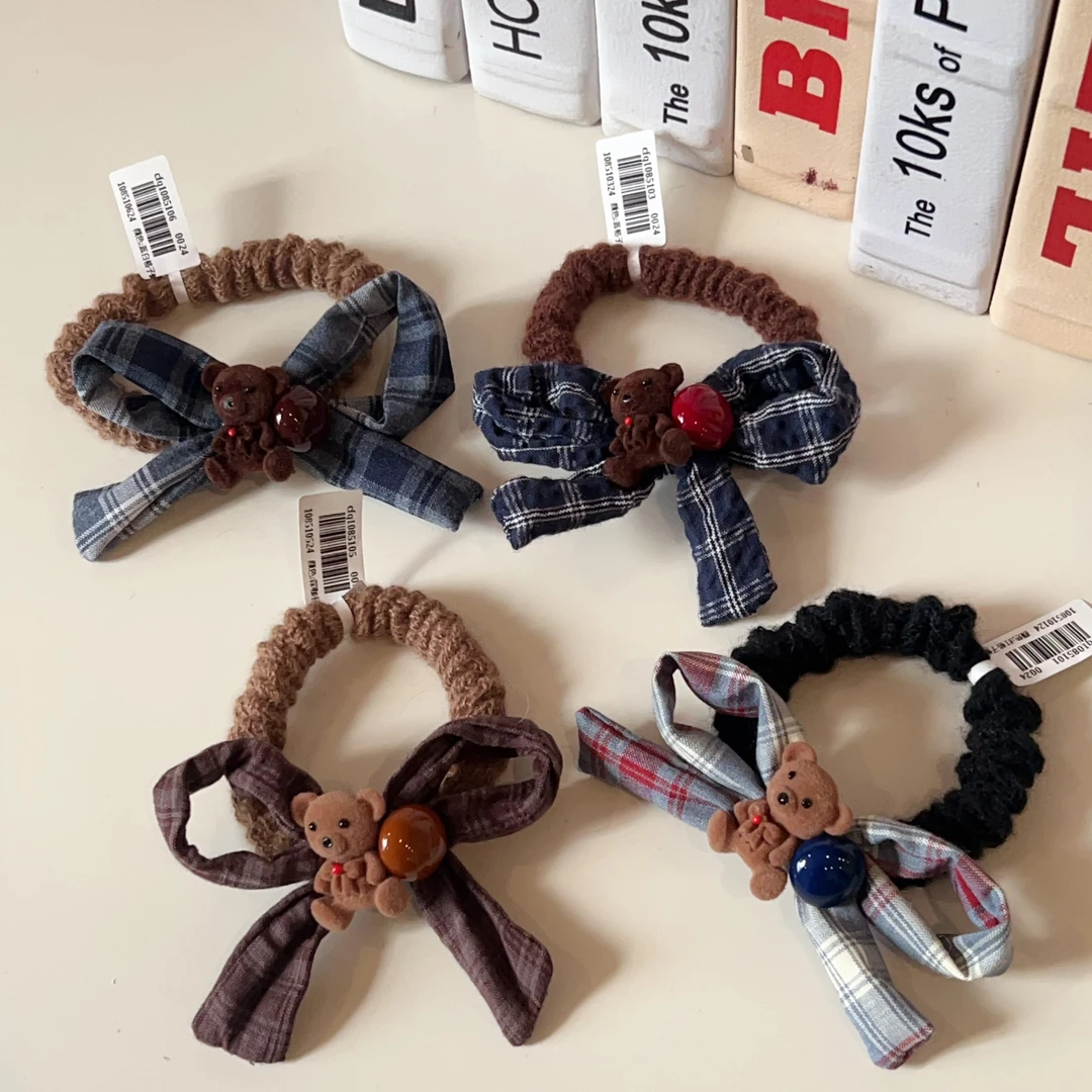 木子秋韩系可爱小熊格纹蝴蝶结小肠发圈高级感气质时尚复古发饰