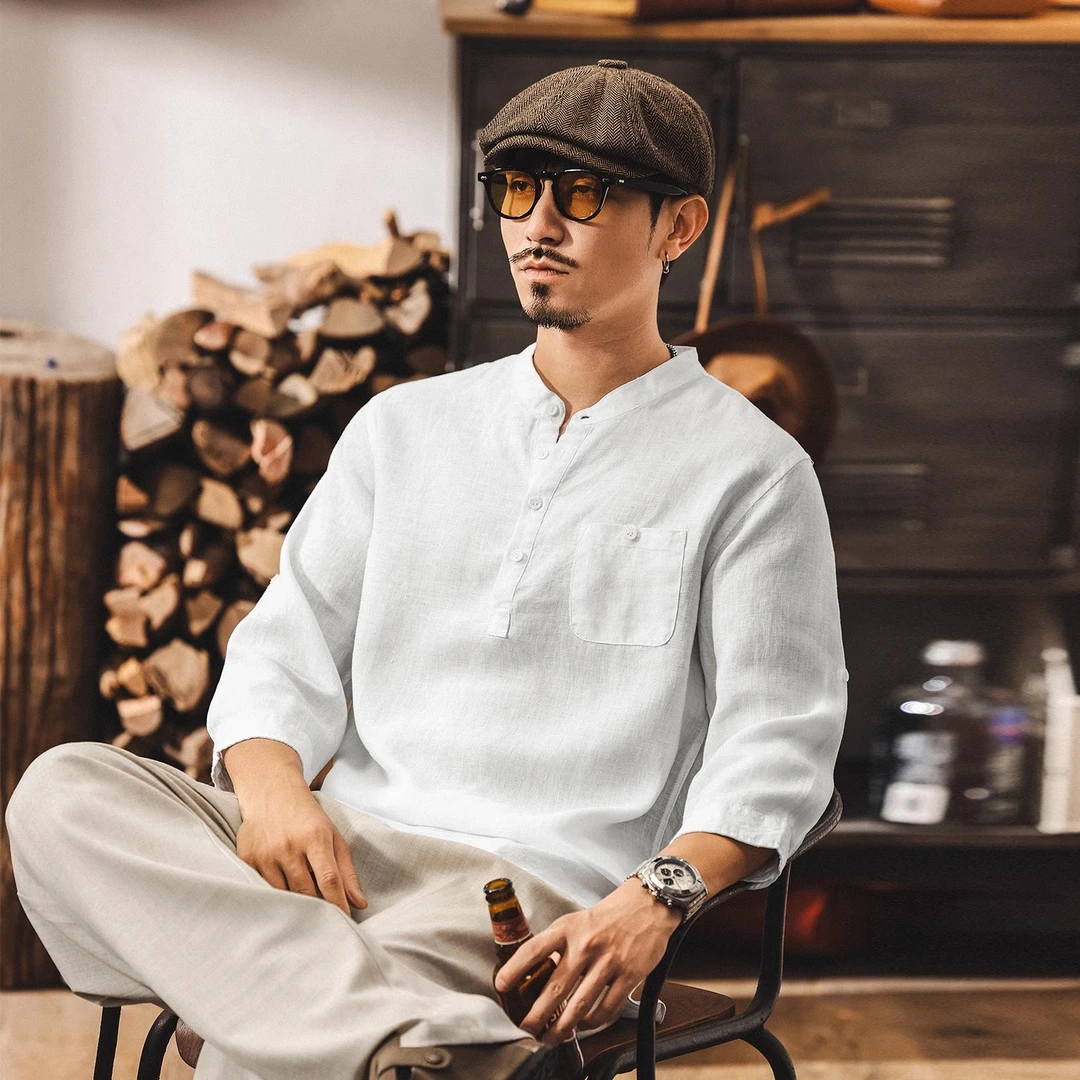 100%麻空调古风中式短袖男T恤夏季新款亚麻上衣男士七分袖Polo衫