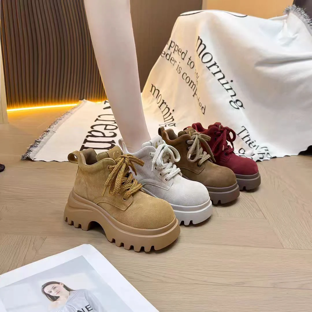 【燕】马丁靴女鞋磨砂大头系带厚底松糕大黄靴机车靴小个子短靴