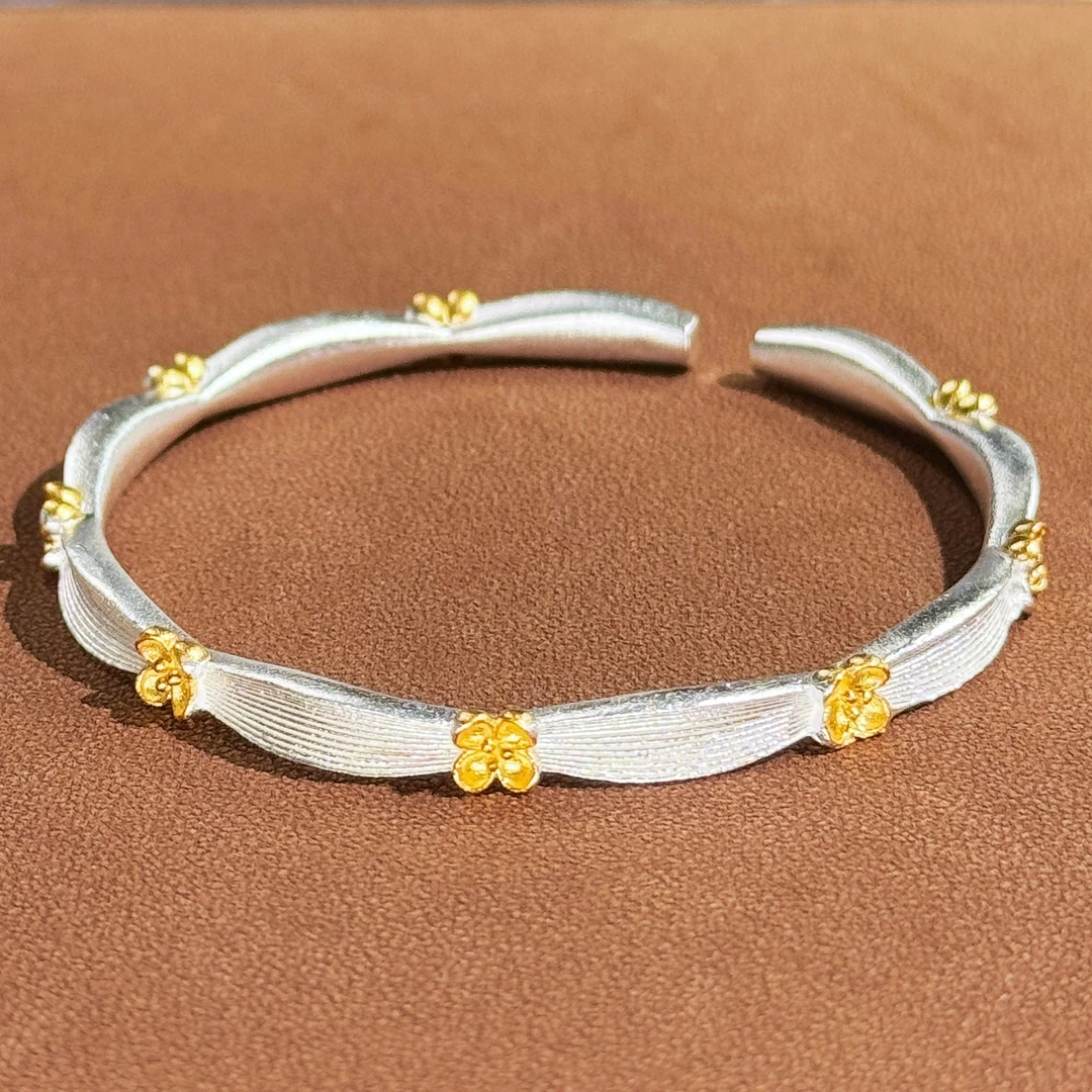 足银手镯 熹棠足银9999闻秋手镯桂花分色银手镯古风时尚银镯子