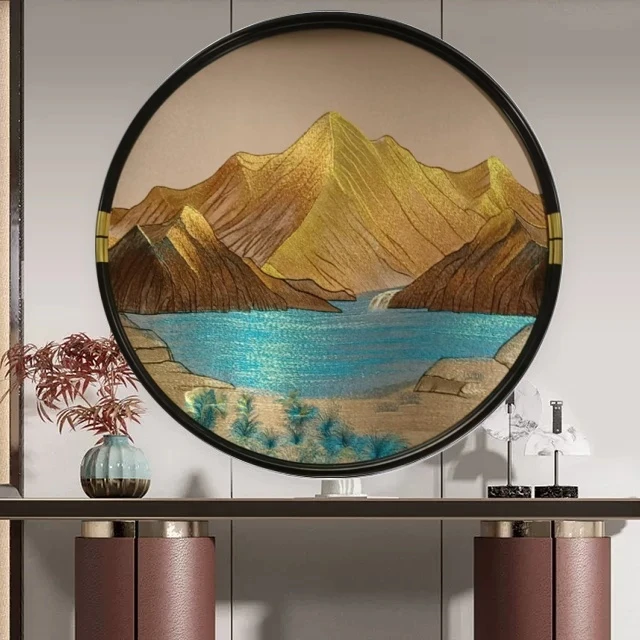 刺绣新中式装饰画客厅现代环保玄关餐厅实木线条壁挂墙上装饰品