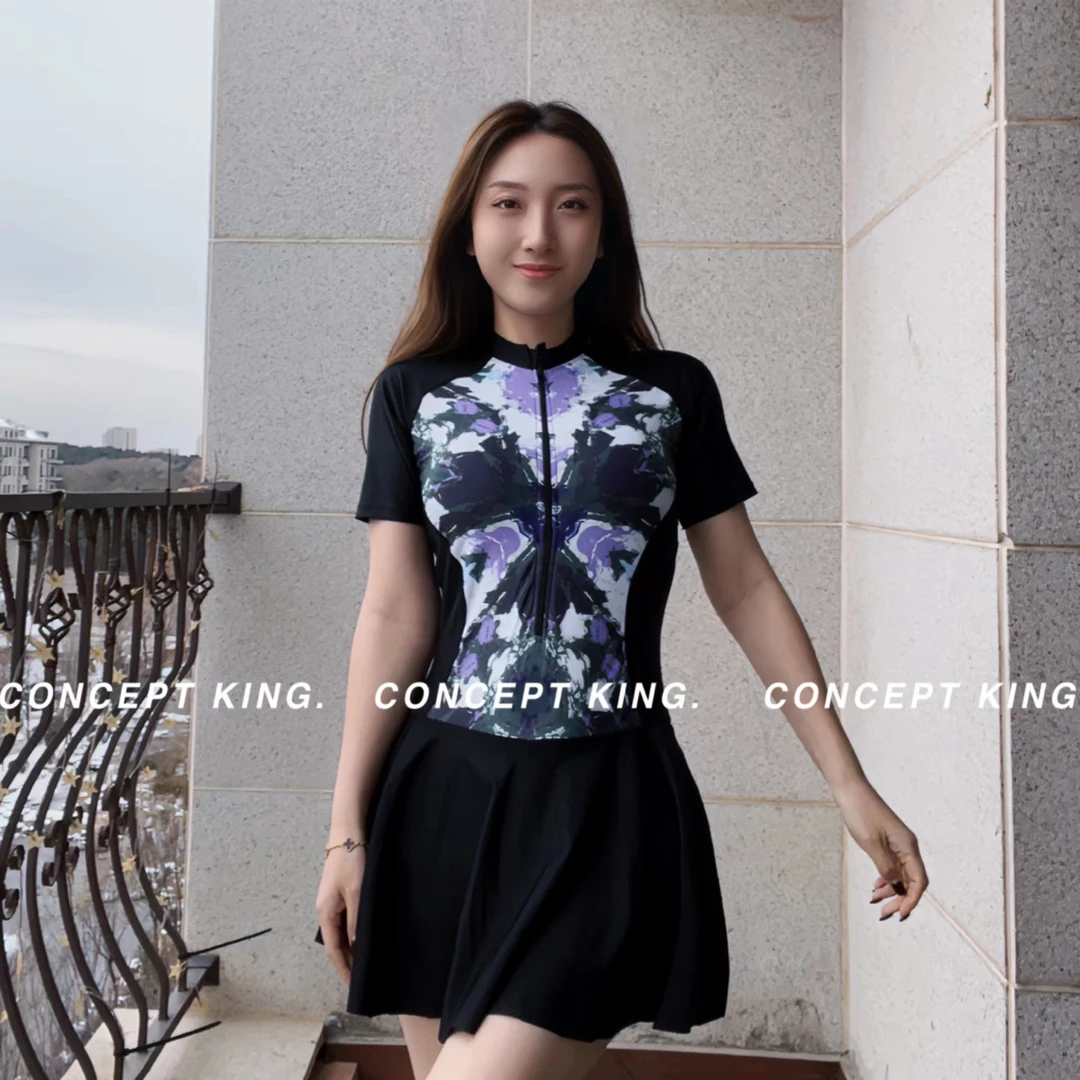 【首播福利】紫色转运蝴蝶温泉度假时尚夏季大码连体裙式泳衣女Q32