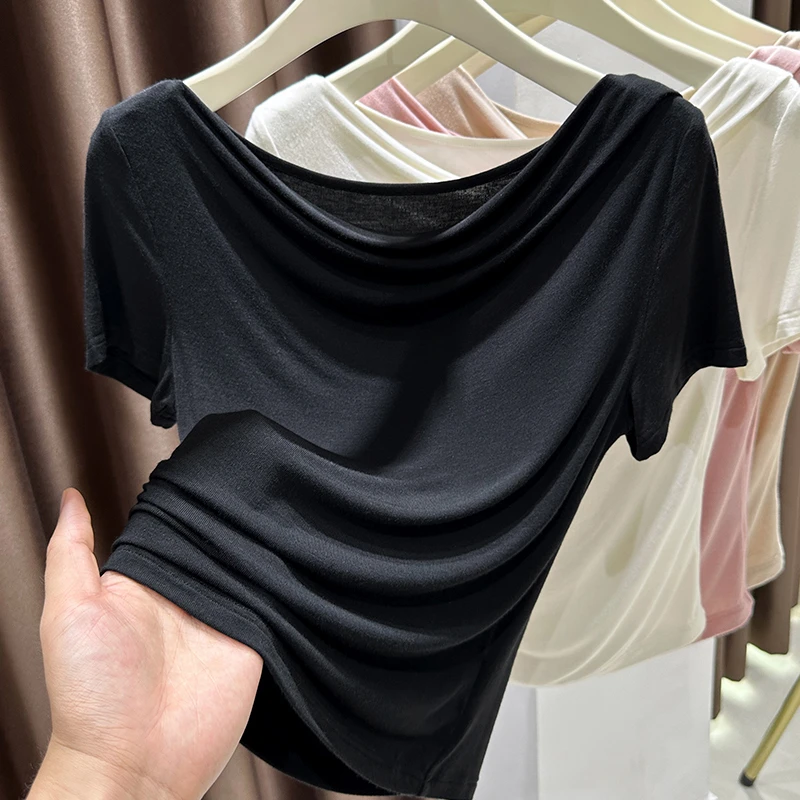 冰丝面膜皮肤衣一字领短袖T恤女夏2025新款打底衫莫代尔黑色上衣