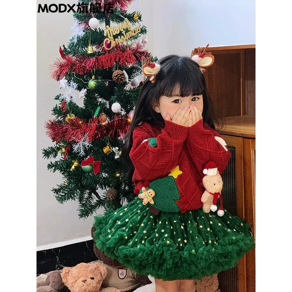 MODX女童毛衣冬新款圣诞新年套装女宝宝甜美可爱tutu裙覆古毛衣儿