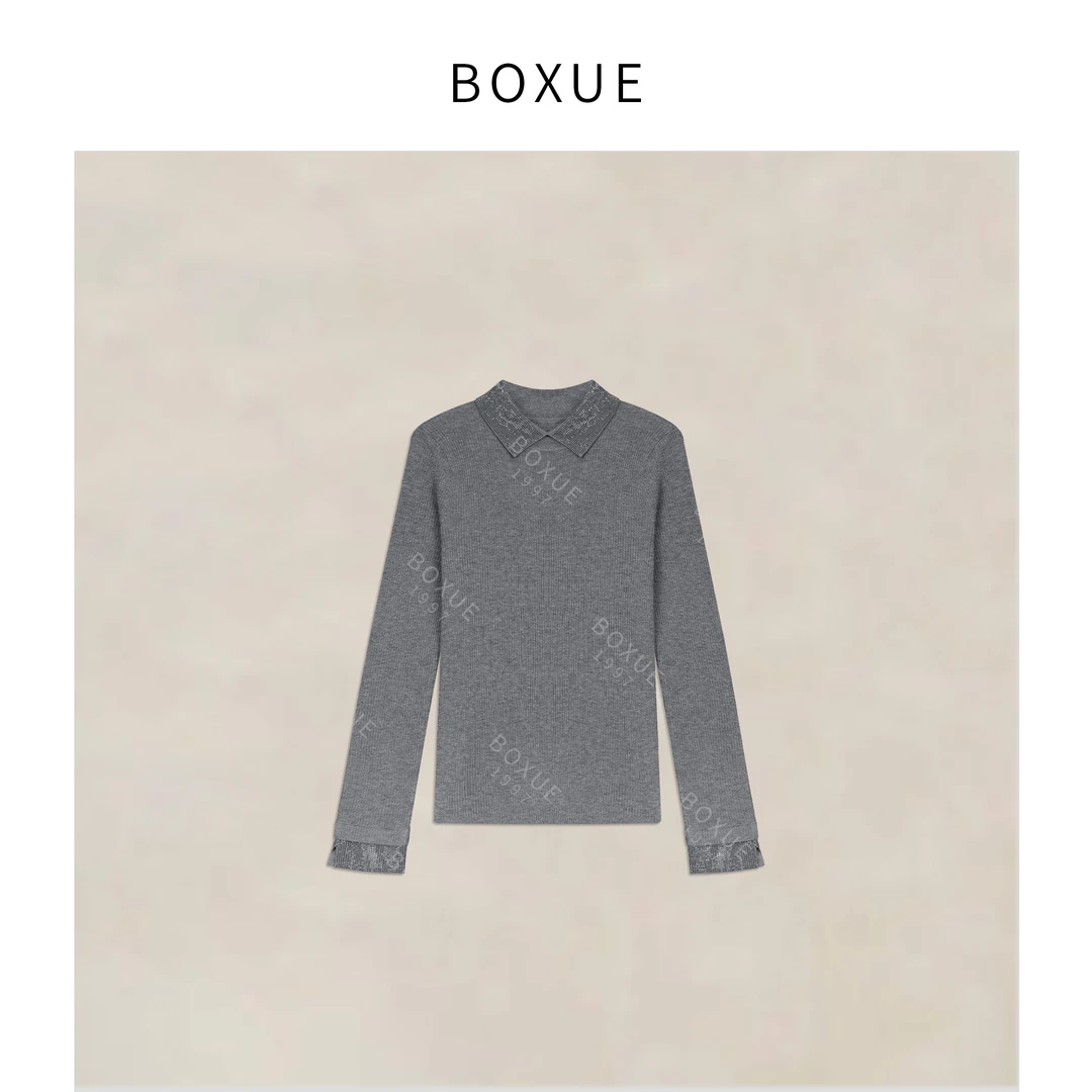 BOXUE“罗拉毛衣”2025冬绵羊.毛细闪Polo领拼接毛衣#251208MY7485