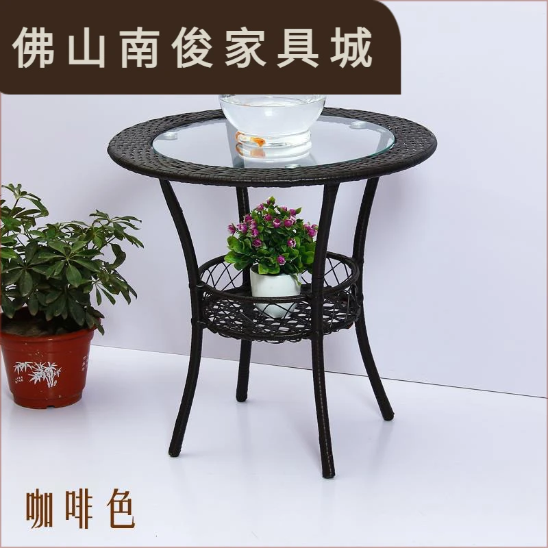 简约现代阳台储物网红小圆桌藤编玻璃桌防晒庭院小茶几休闲桌子