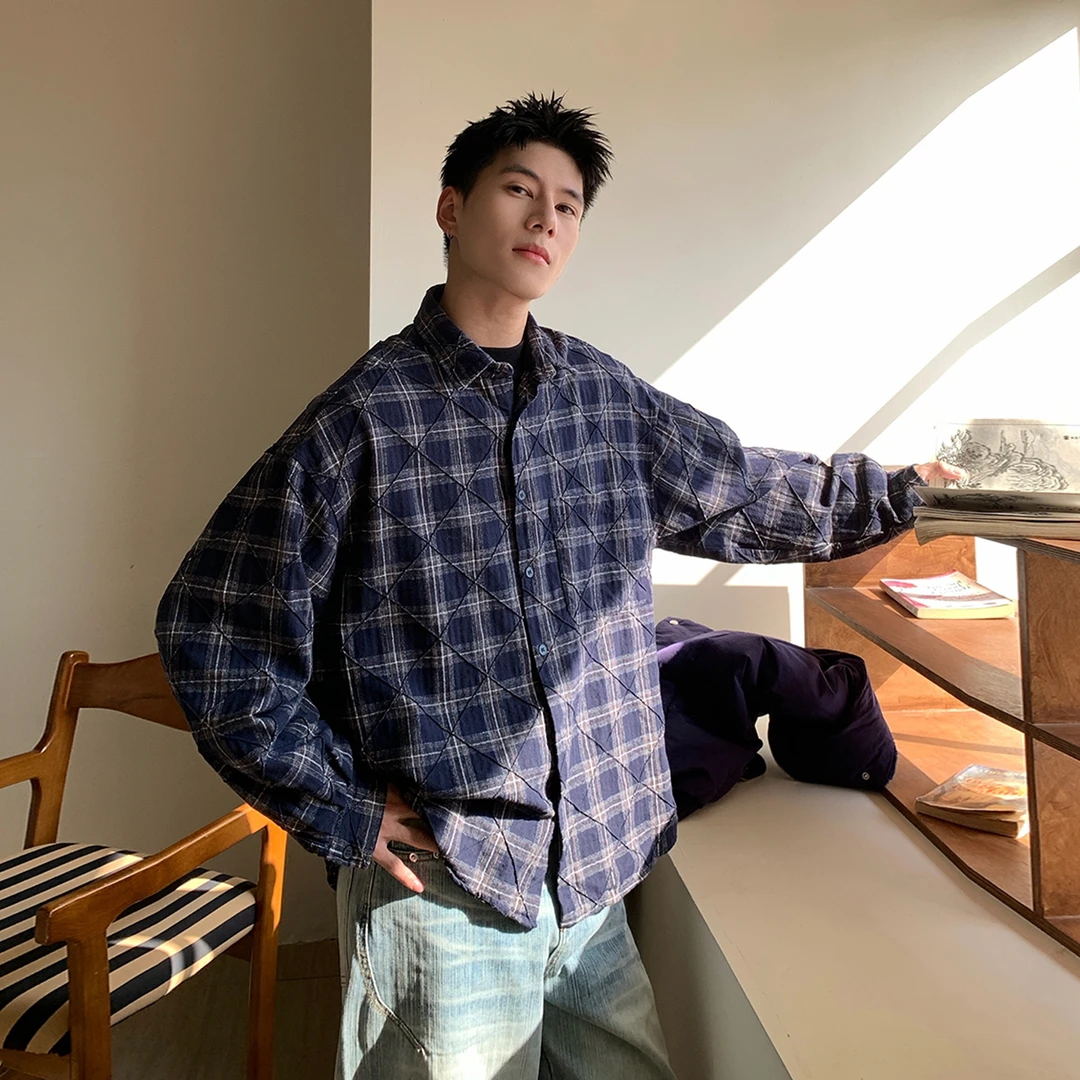 Holocene美式潮牌街头设计感磨毛格子衬衫男秋冬长袖纯棉上衣1613