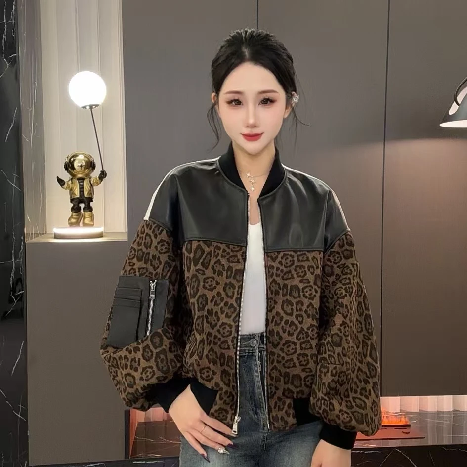 【七月推荐】 豹纹拼接皮夹克休闲短款外套女-QIYUE-R649