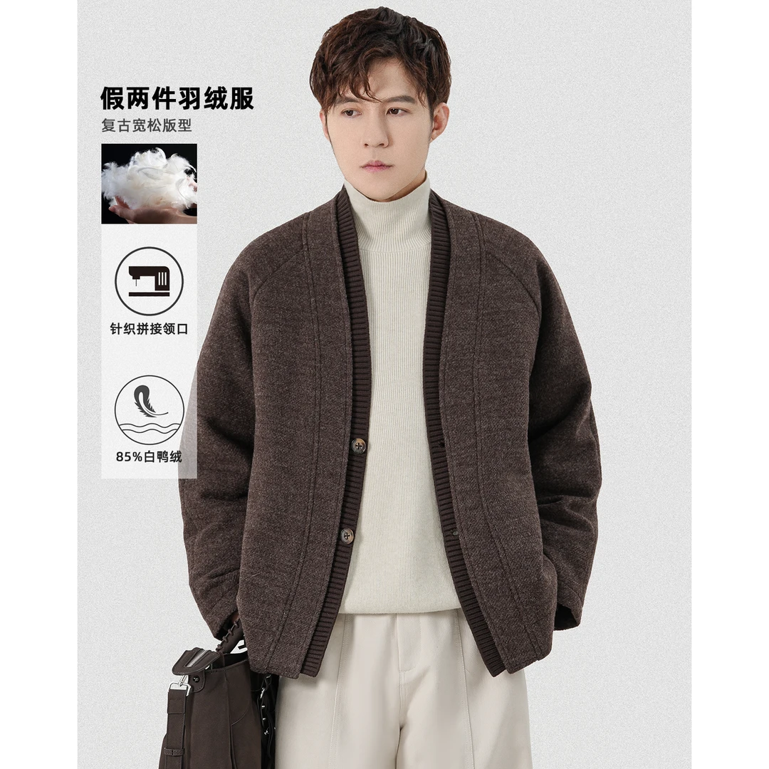 二八先生假两件道袍款羊毛呢羽绒服夹克男冬季白鸭绒保暖V领外套